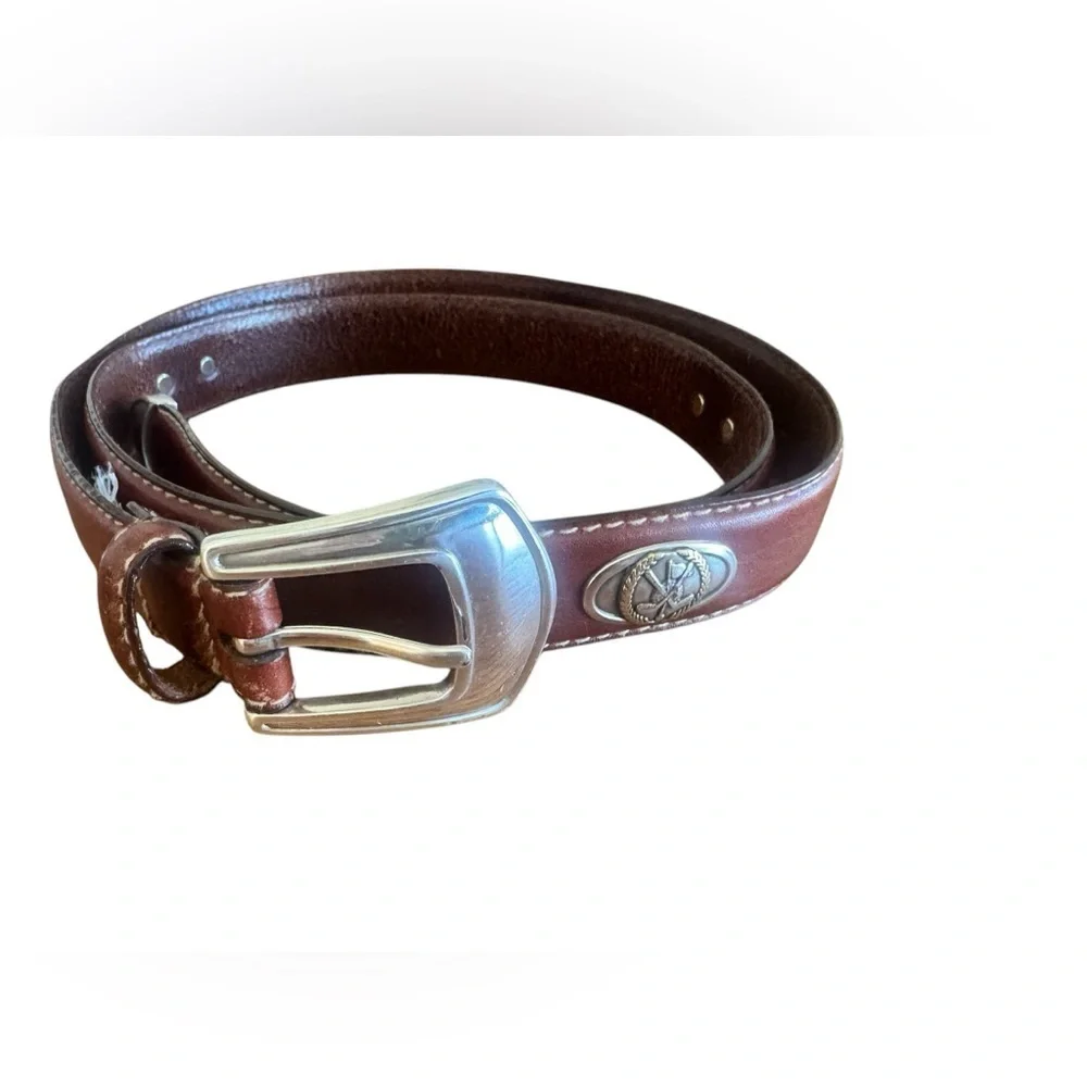 Fossil Italian Full Grain Cowhide Leather Golf Theme Medallion Belt Size 44